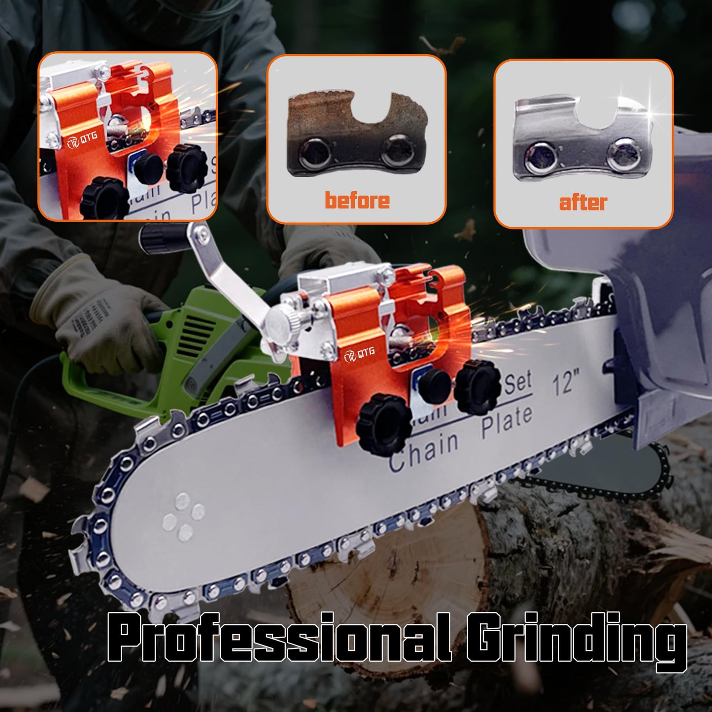 QTG Manual Chainsaw Sharpener,Chain Sharpener,Chain Saw Sharpener Portable Hand Crank Chain Sharpening Tool with Durable Clamp - Easy to Use & Accurate Chain Grinder Set for All Standard Chainsaws