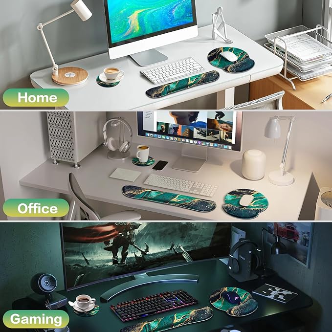 Mouse Pad Green with Wrist Rest Set, 3-in-1 Wrist Support Mousepad Set, Gaming Mat Pad with Anti-Skid Base,Ergonomic Mouse Pad,Memory Foam Gel Wrist Rest for Computer Keyboard
