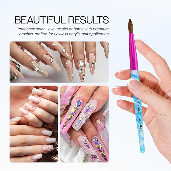 PANA Pure Kolinsky Hair Acrylic Nail Brush - Round Shape Pink Ferrule with White Swirl Blue Handle (Size 6) - Nail Brush for Acrylic Nail Application, Nail Extension, Manicure Pedicure Salon Beginner