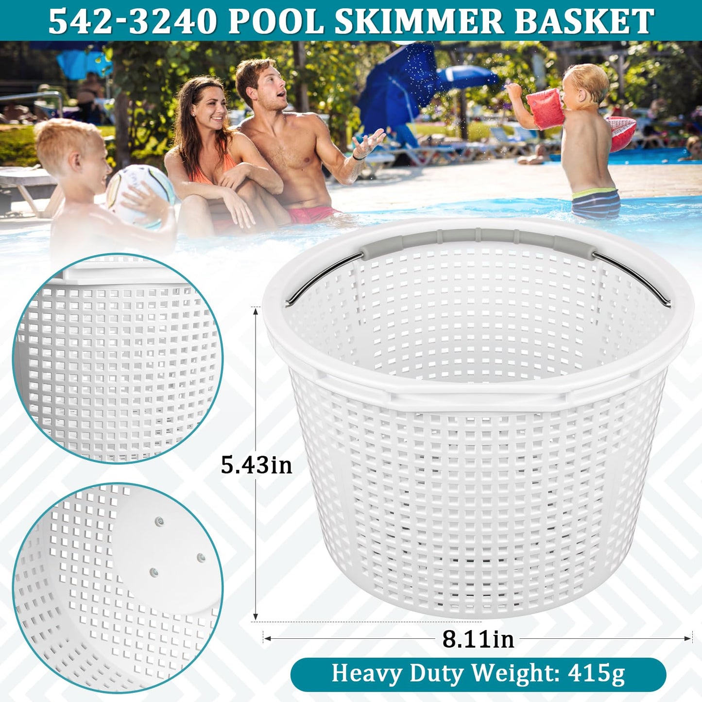 SAQXK 8" Pool Skimmer Basket for Inground Pool, Replacement for Waterway 542-3240/542-3240B Compatible with Bermuda Gunite Pentair U-3 Skimmer Basket 516112 Pool Basket with Stainless Steel Handle