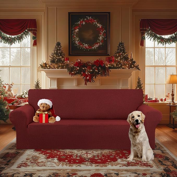 KEKUOU Stretch Oversized Sofa Slipcover 1 Piece Couch Sofa Cover (94"-110") Furniture Protector 4 Seater Sofa with Elastic Bottom for Kid,Pet.Jacquard Checked Pattern Fabric(X Large,Dark Red)