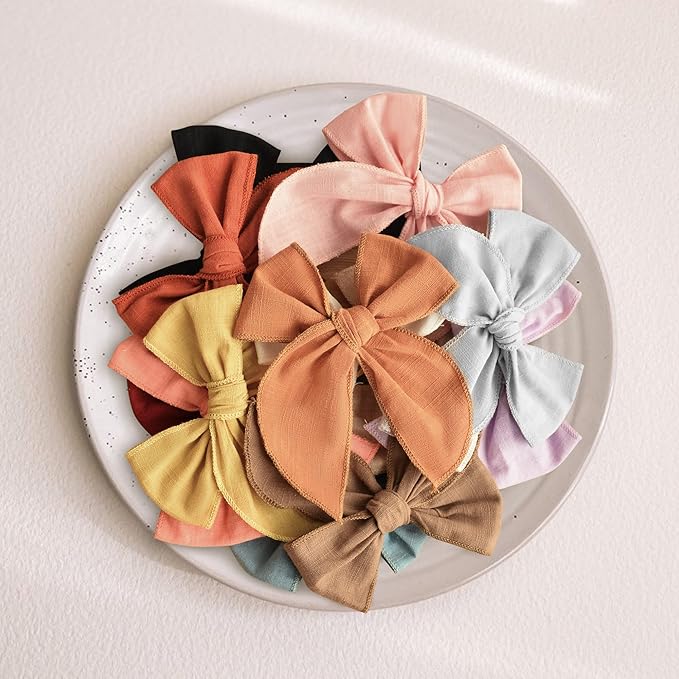 Niceye Fable Girls Hair Bows Cotton Linen Alligator Hair Clips or Little Girls Toddlers Kids Neutral Handmade Hair Accessories - 4.5” bow
