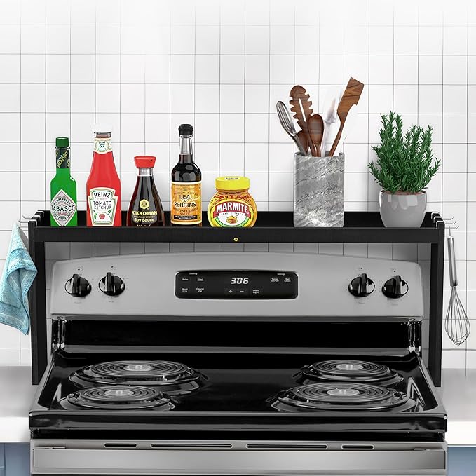 IIIOIIIA Bamboo Over the Stove Spice Shelf for Kitchen, 31.5" Spice Rack Organizer Shelf with 6 hooks, 11.4" Height Extra Storage Countertop, Easy to Assemble, Black