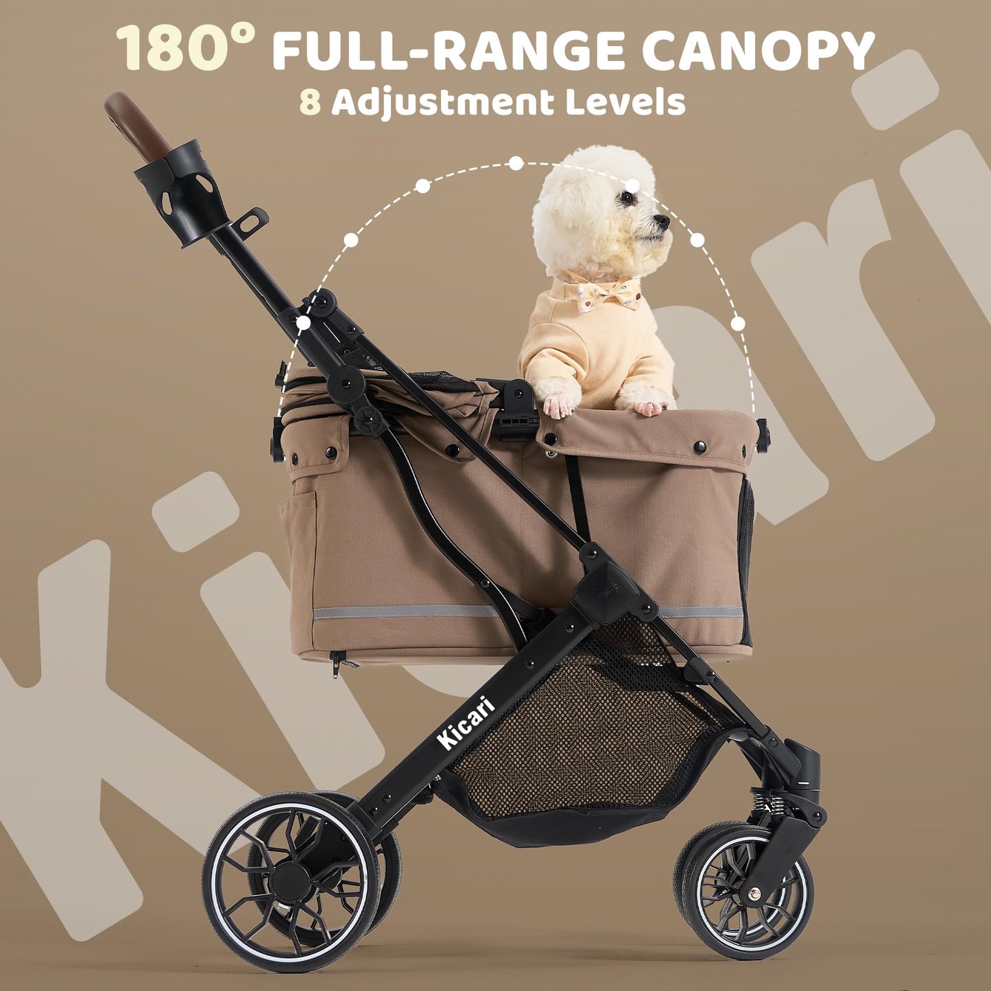 Kicari All-Terrain Dog Stroller for Small to Medium Dogs, Pet Stroller for Dogs & Cats Outdoor Walks, One-Hand Easy Fold, Double-Layer Anti-UV & Waterproof Canopy & Breathable Mesh, Mocha Brown