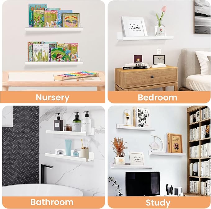 upsimples Acrylic Shelves for Wall Decor, 15" Display Shelf Perfume Organizer for Bathroom, Bedroom, Living Room, Floating Bookshelves for Kids, White, 4 Pack | for Kids, Display Shelf, Organizer, for Bathroom, Bedroom, Living Room Decor