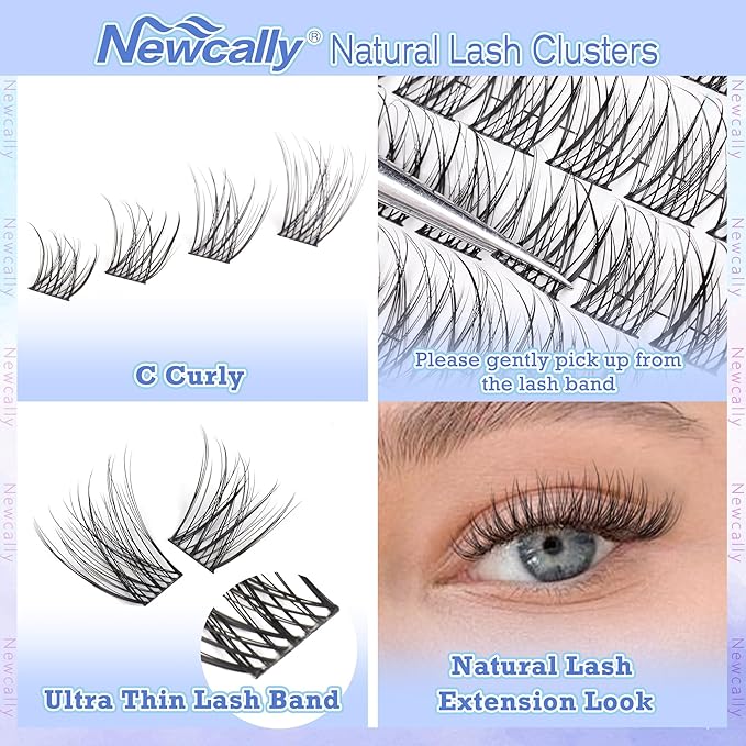 Natural Lash Clusters Kit Wispy Lash Extension Kit Cluster Eyelash Extension C-curly Cluster Lashes Kit DIY Eyelash Extension Kit Natural Eyelash Clusters with Lash Bond and Seal by Newcally