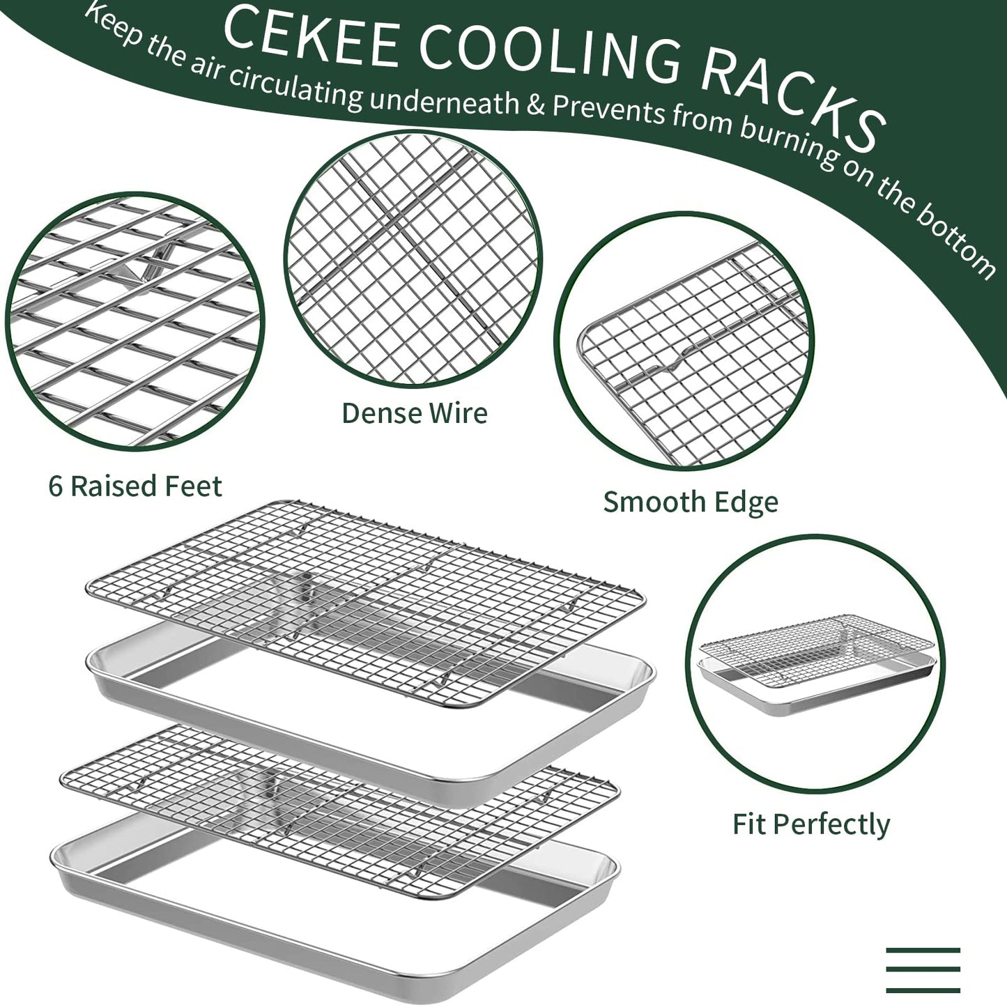 Half Sheet Pans with Rack Set [2 Pans + 2 Racks], CEKEE Stainless Half Size Large Baking Sheets with Rack -18 Inch Baking Tray Set- Rust & Warp Resistant & Heavy Duty Large Cookie Sheet