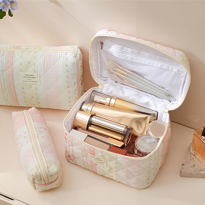 HBselect Quilted Makeup Bag, 3PCS Cotton Large Travel Makeup Bag, Cute Floral Coquette Make up Bag Cosmetic Bag Toiletry Bag for Women Girls