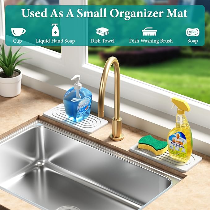 2 PCS Water Absorbing Stone Tray for Sink, Quick Drying Diatomite Bathroom Tray Countertop, Stone Drying Mat for Kitchen Counter Faucet, Soap Dish Dispenser Vanity Organizer, White-A-8.3" x 4"