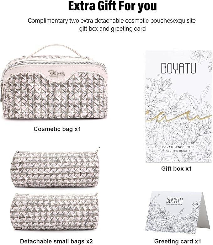 BOYATU Travel Makeup Bag Cosmetic Bags for Women: Large Capacity 3 Pcs Set Make up Bag with Compartments - Waterproof Vegan Leather Toiletry Organizer Bags with Handle (M-80Off-white)