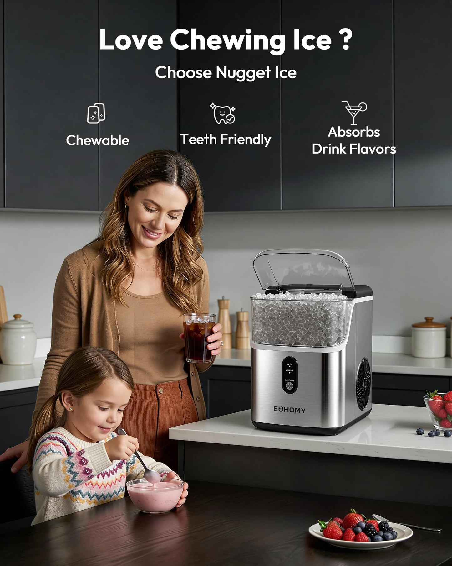 EUHOMY Nugget Ice Maker Countertop, Ready in 7 Mins, 34Lbs/24H Pebble Ice Maker Machine, Self-Cleaning Countertop Sonic Ice Makers with Ice Scoop&Basket, Pellet Ice Maker for Home, Stainless Steel