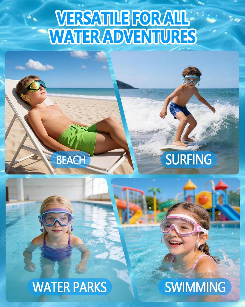 YLKJSWIM Swim Goggles for Kids 3-15 with Earplugs Large Frame Anti-Fog/UV Swimming Goggles for Boys Girls Toddler 2PCS (Green Black+Blue New)