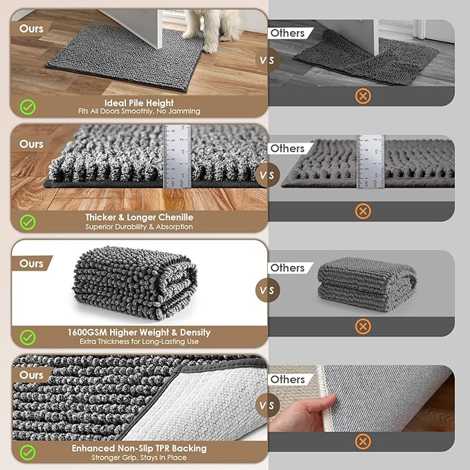 EHEYCIGA Super Absorbent Dog Door Mat for Muddy Paws 60x36 Inch Indoor, Front Doormat Outside Entrance, Quick Dry Chenille Washable Dog Crate Bed, Non-Slip Pet Rug Mud Mat Outdoor Entryway, Grey