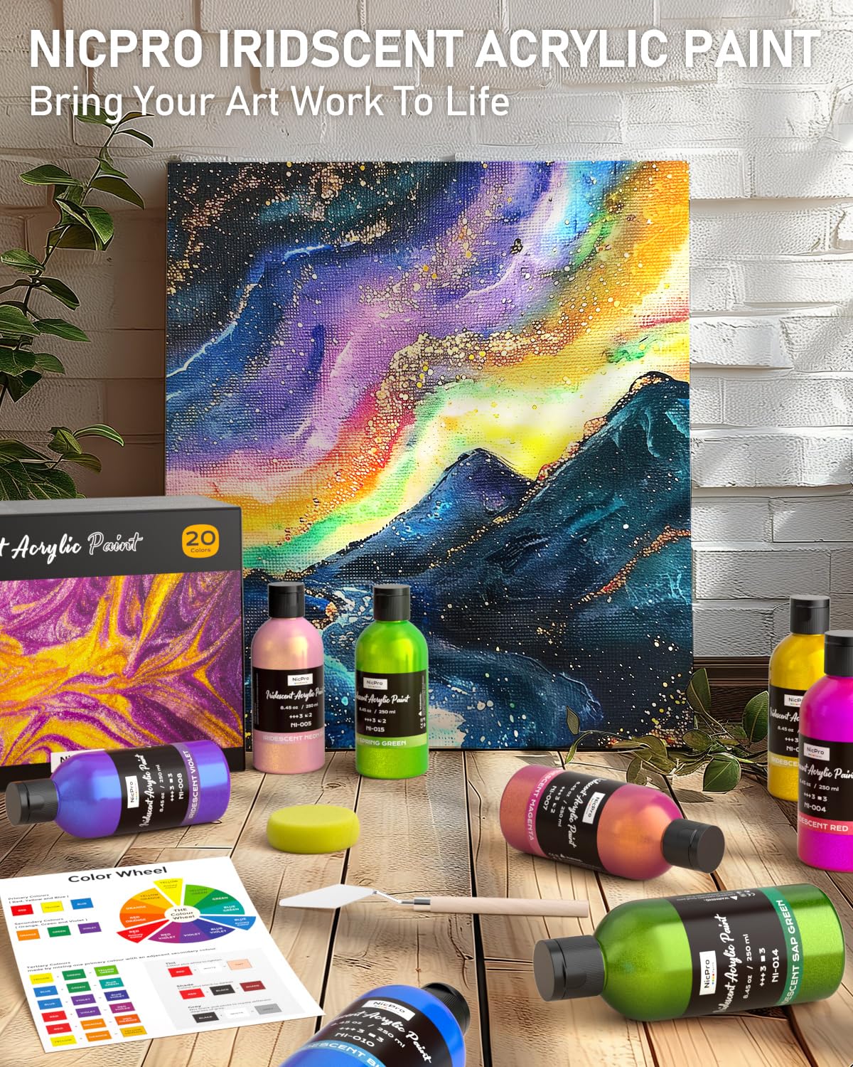 Nicpro 20 Colors Iridescent Acrylic Paint, 8.45oz / 250ml Large Bulk Metallic Acrylic Paint,Color Shifting & Non-Toxic Art Painting Supplies For Canvas Fabric Rock Wood with Paint Knife Color Wheel