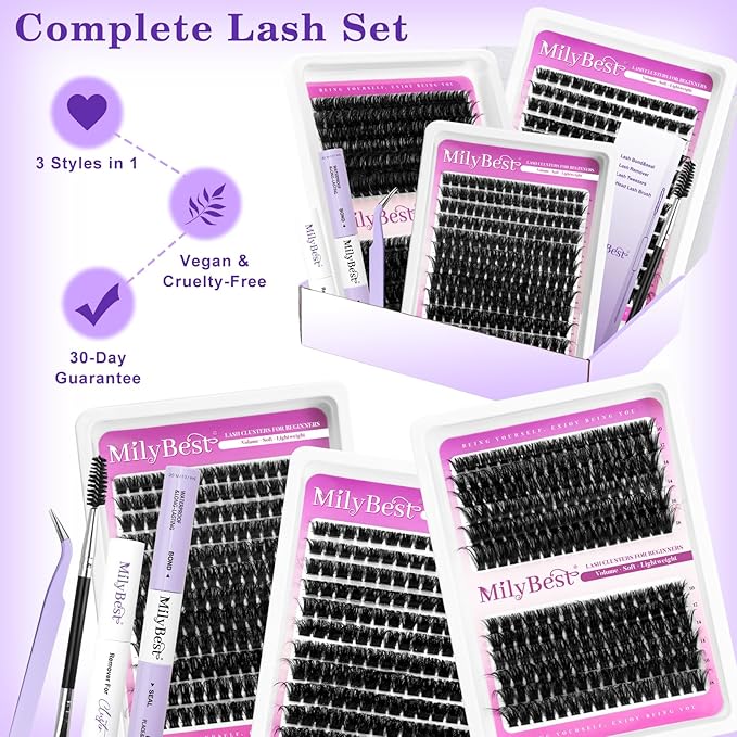 MilyBest Lash Clusters Kit 564Pcs Eyelash Clusters Lashes Wispy Cluster Eyelash Extensions Kit 3 Styles Fluffy Lashes Clusters 10-18mm Volume DIY Individual Eye Lash Clusters Lash Box with Bond&Seal