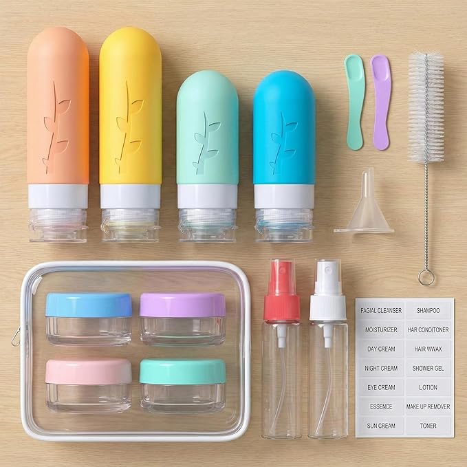 Travel Bottles Kit (16 Pack) - TSA Approved, Leak Proof Silicone Squeezable Containers for Toiletries. Complete Set with Jars, Sprayers & Bag (White)