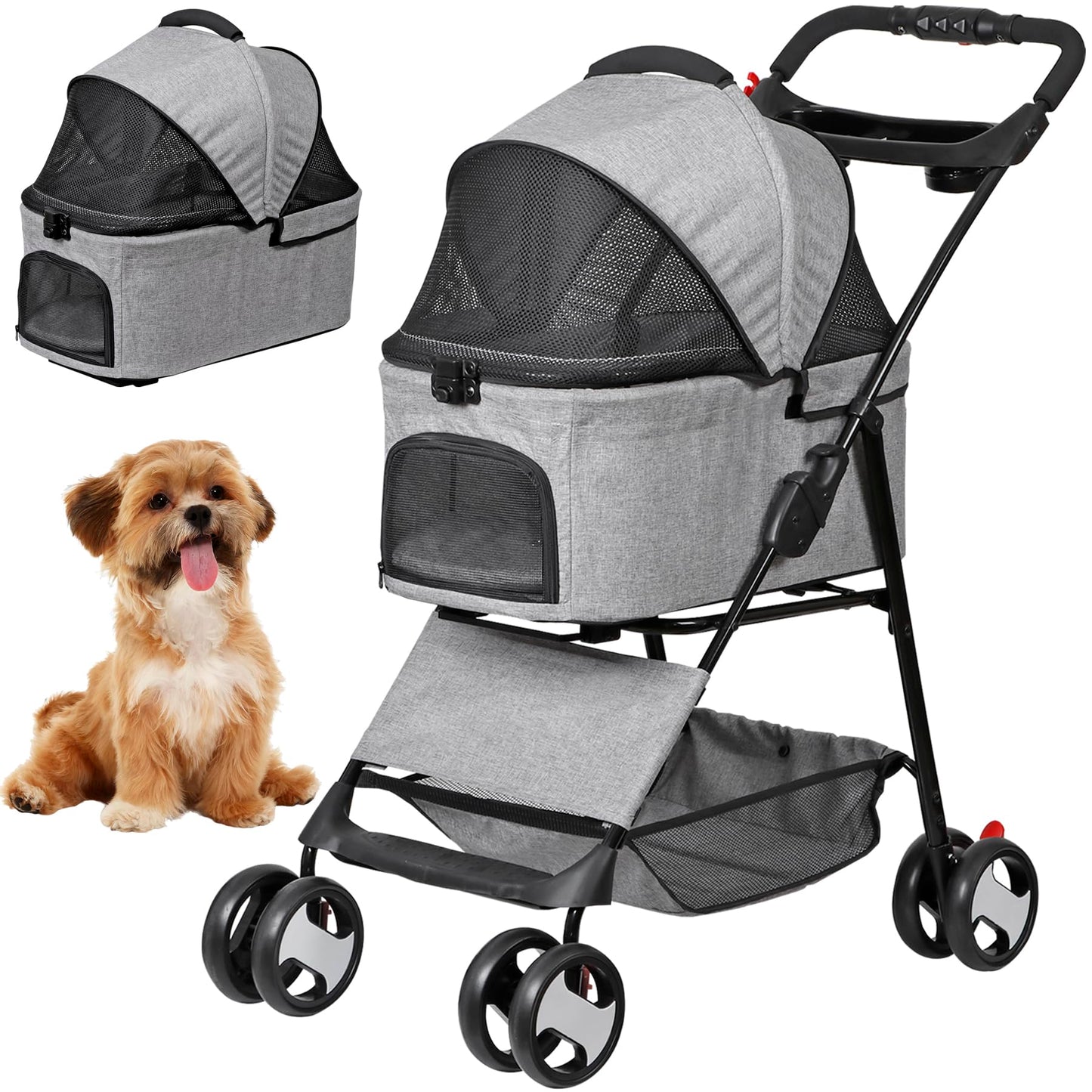 Epetlover 4 Wheels Dog Stroller with Detachable Carrier Folding Pet Strolling Cart for Small Medium Cats Puppies with Storage Basket Cup Holder, Gray