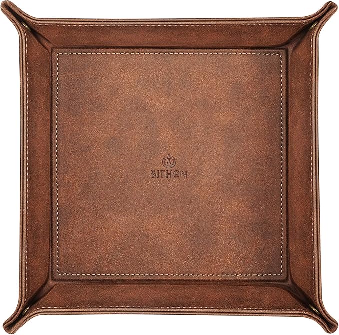 SITHON Valet Tray Desktop Storage Organizer Ã¢ÂÂ Premium PU Leather Catchall Bedside Vanity Tray Nightstand Caddy Holder for Keys, Phone, Wallet, Coin, Valentine's Day Gift, Brown