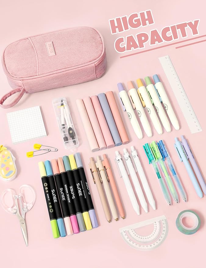 SUNEE Cute Pencil Case, Large Pencil Pouch, Aesthetic Big Pencil Bag with Zipper, Kawaii Stationery Storage and Organizer, Soft Corduroy Bag School Supplies for Teen and Adult, Boys&Girls, Soft Pink