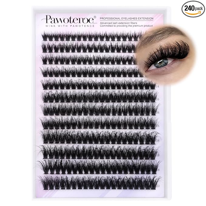 Pawotence Lash Clusters Full 80D Individual Lashes Cluster Eyelash Extensions 10-20mm Mix Eyelash Clusters 240pcs Lash Extension for Self Application (Mink 80D, 0.07D, 10-20mm)
