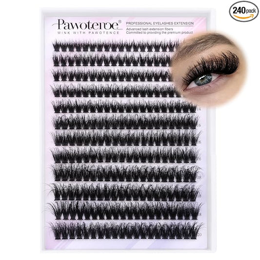 Pawotence Lash Clusters Full 80D Individual Lashes Cluster Eyelash Extensions 10-20mm Mix Eyelash Clusters 240pcs Lash Extension for Self Application (Mink 80D, 0.07D, 10-20mm)