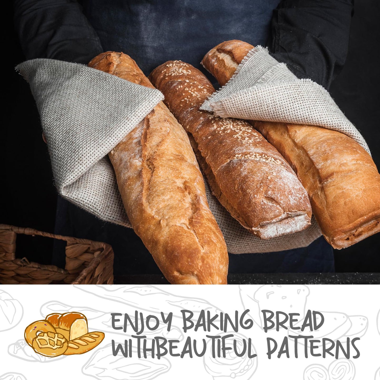 DOYOLLA 14.5inch Oval Bread Dough Proofing Rising Rattan Basket & Liner Combo for Professional & Home Baking (2 basket & 2 liner)