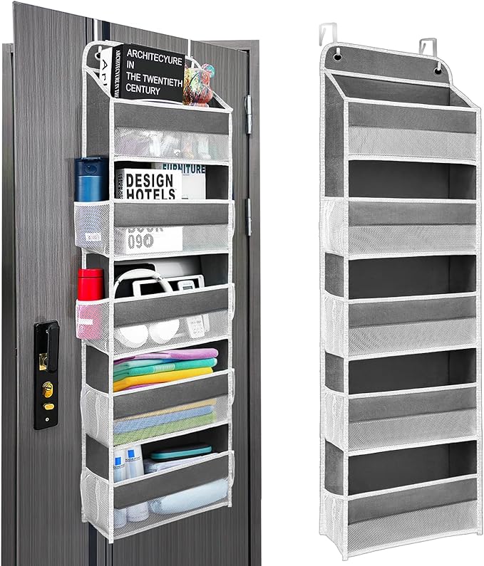 Ease of Assembly Over The Door Organizer, 5 Shelves & 8 Side Pockets,Hanging Behind Door Storage, Heavy-Duty Reinforced Mesh Rack Holds 44lb for Bathroom,Pantry, Nursery,Closet, Shoes, Towels