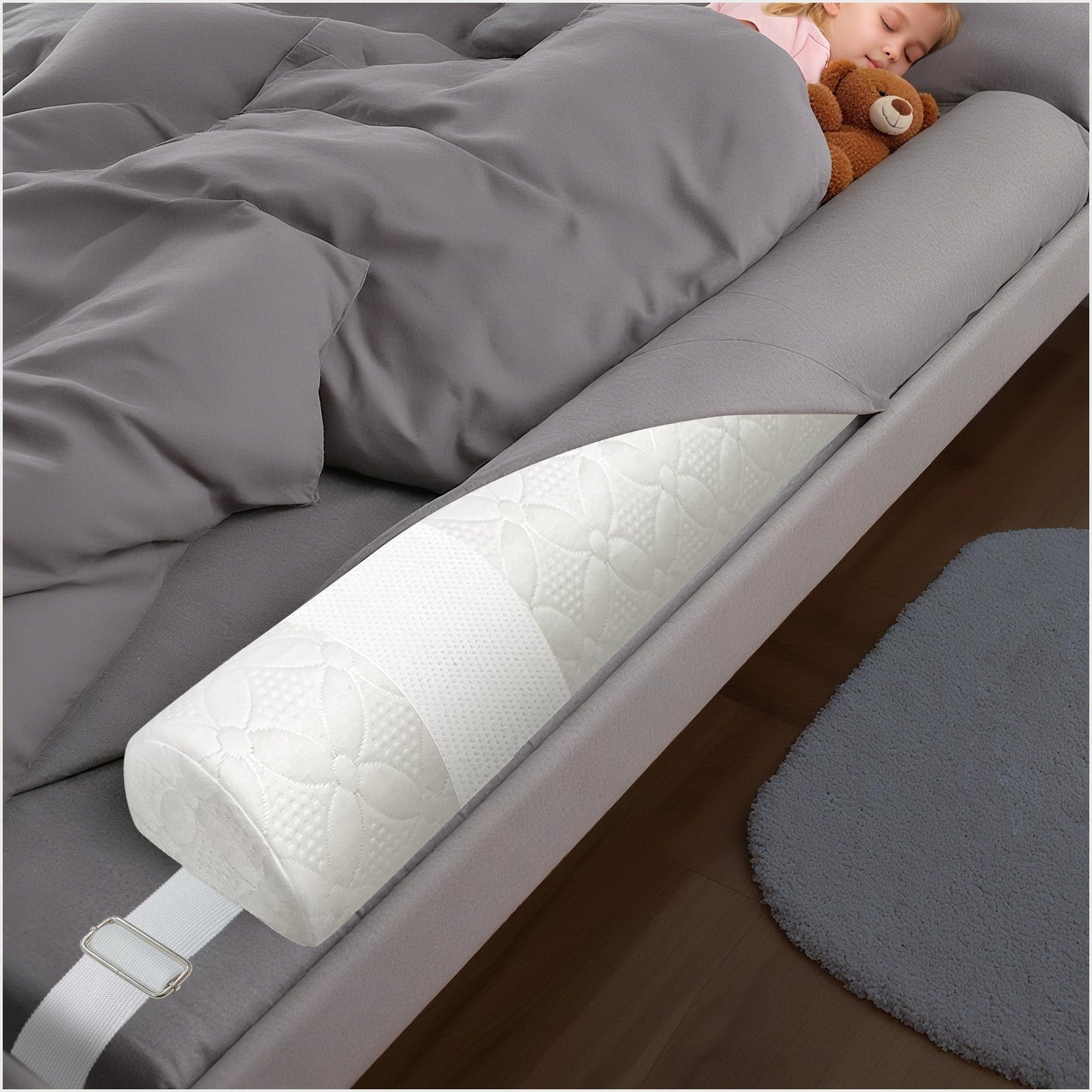 Asatdd Bed Rail for Toddlers with Adjustable Strap, Bed Guard Rail, Soft Memory Foam Toddler Bed Bumper for Twin, Full, Queen, King Beds with Washable Cover, 1 Pack