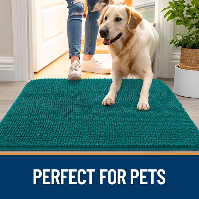 OLANLY Dog Door Mat for Muddy Paws 50x30, Absorbs Moisture and Dirt, Absorbent Non-Slip Washable Doormat, Quick Dry Chenille Mud Mat for Dogs, Entry Indoor Entryway Carpet for Inside Floor, Lake Blue