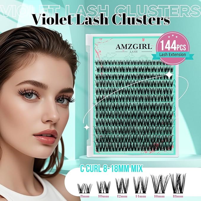 Cluster Lash Extensions 144PCS D Curl Eyelash Clusters with Premium Eyelash Wide Band, Eyelashes Cluster Volume Individual Natural Lashes Cluster(D-Mix,8-18mm)