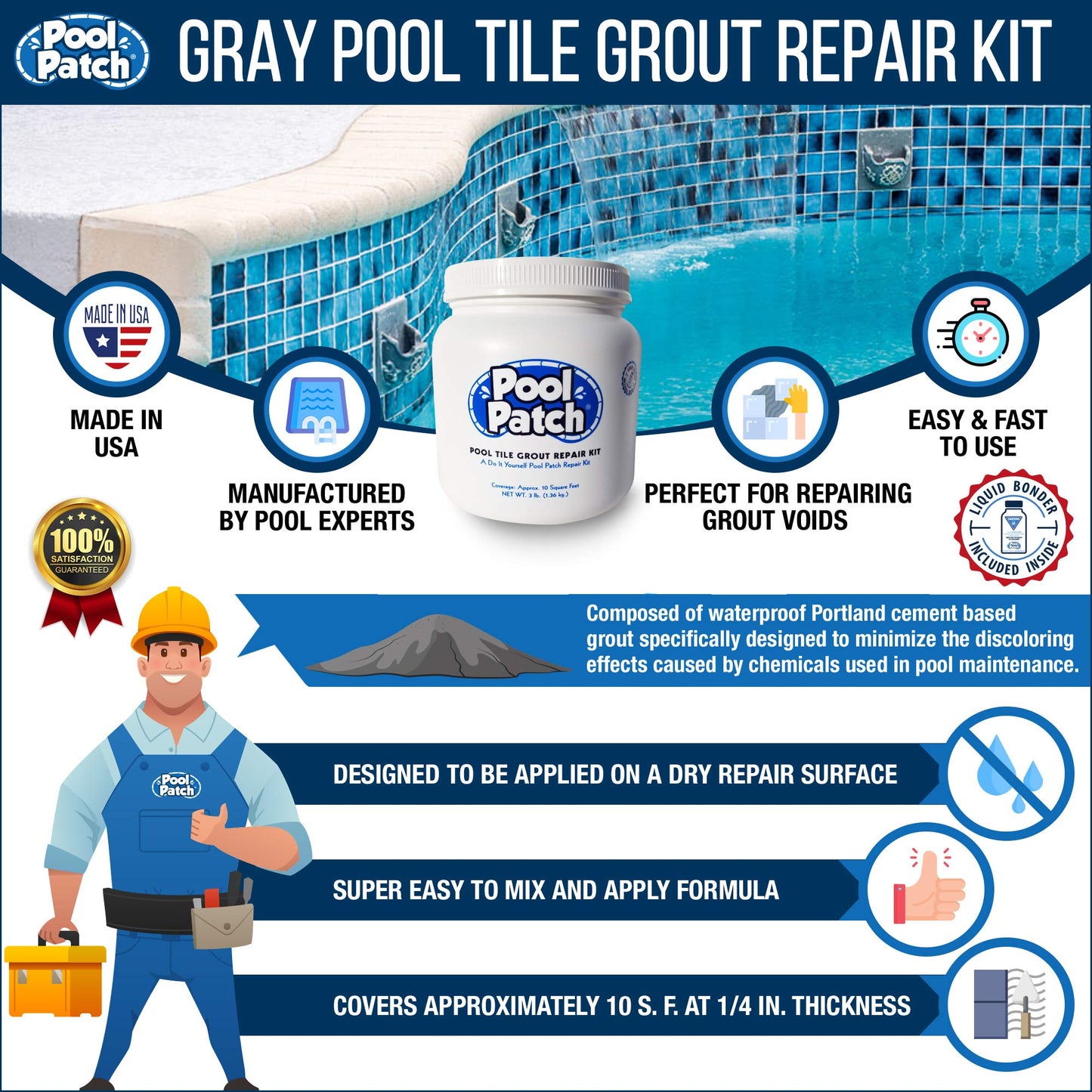 Pool Patch Gray Pool Tile Grout Repair Kit, 3-Pound, Gray