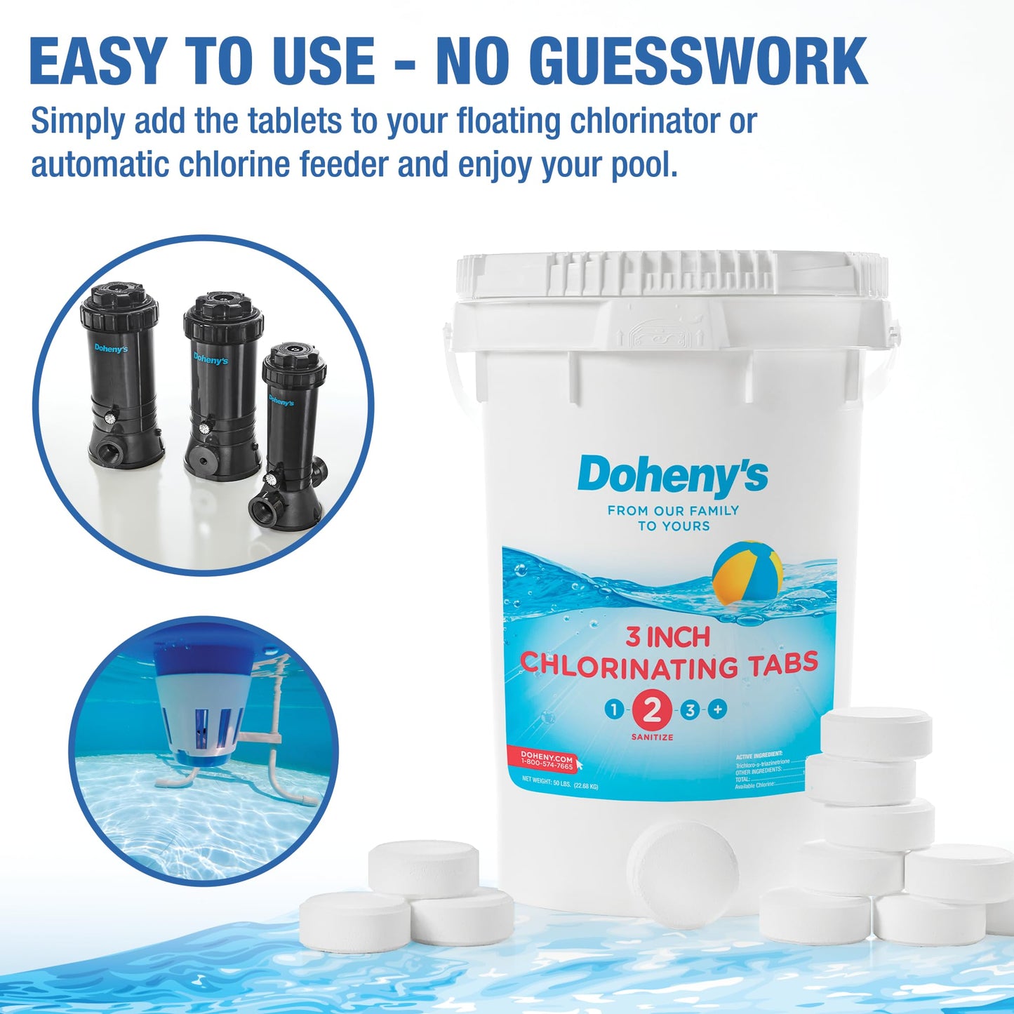 Doheny’s 3-Inch Stabilized Chlorine Tablets for Sanitizing Swimming Pools | 99% Pure Tri-Chlor, 90% Available Chlorine | Long-Lasting, UV-Protected, Slow-Dissolving | Individually Wrapped 25lb Bucket
