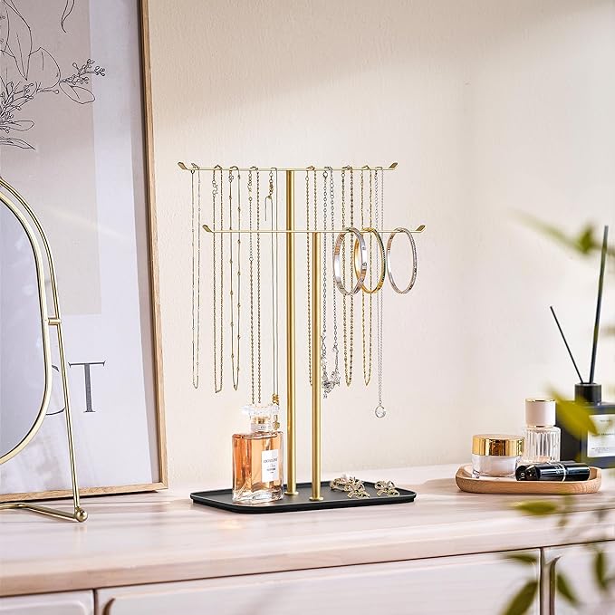 pickpiff Necklace Holder Jewelry Organizer Stand Ã¢ÂÂ 2Ã¢ÂÂTier TÃ¢ÂÂBar Jewelry Display Tree with Tray for Countertop Necklace Bracelet Earring Storage, Vanity Dresser Bathroom Sink, Black-Gold