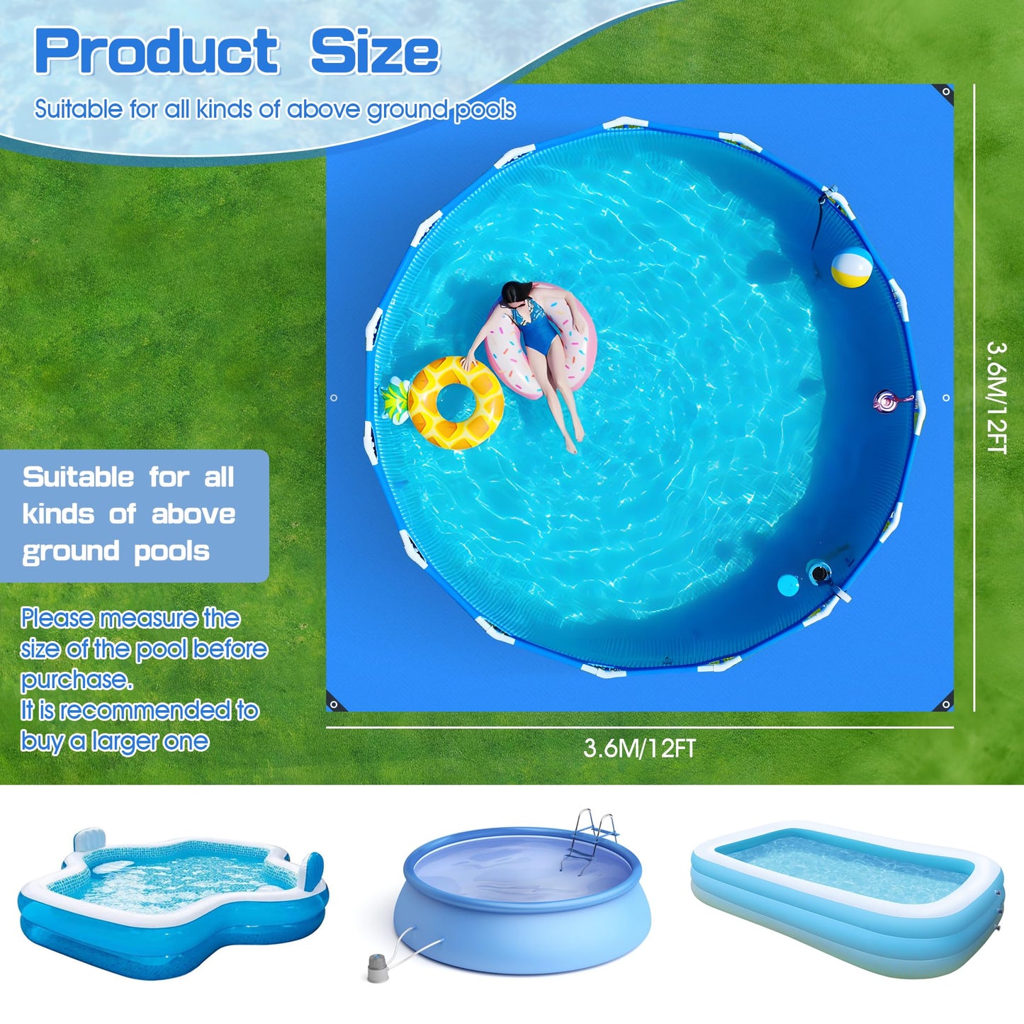 12x12Ft Swimming Pool Ground Cloth,Waterproof Square Swimming Pool Liner Pad for Above Ground Swimming Pools Heavy Duty Pool Ground Mat Protector Pad Pool Tarp
