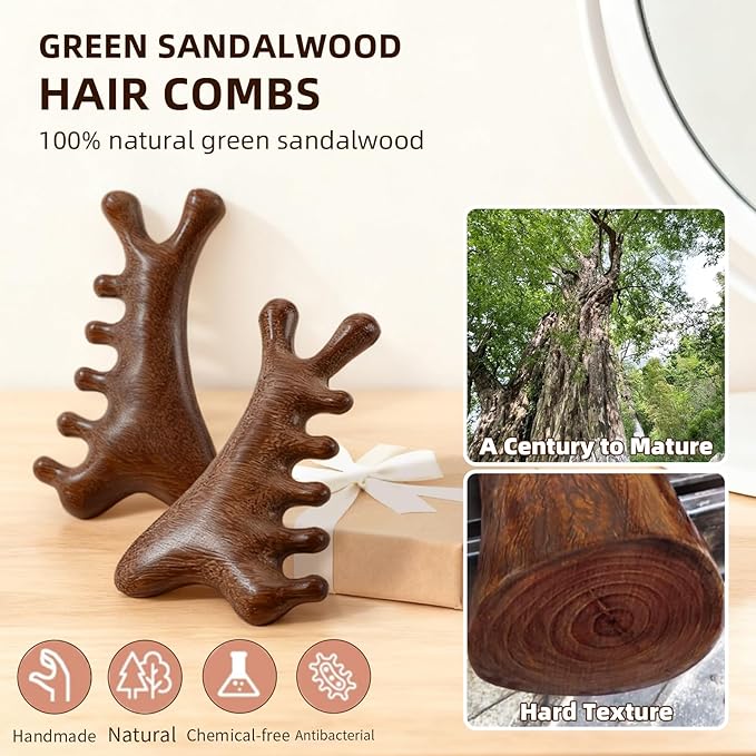 TAIHI Wooden Scalp Massager with Gift Box Wooden Comb Handmade Green Sandalwood Scalp Comb for Gua Sha Head Neck Face Care