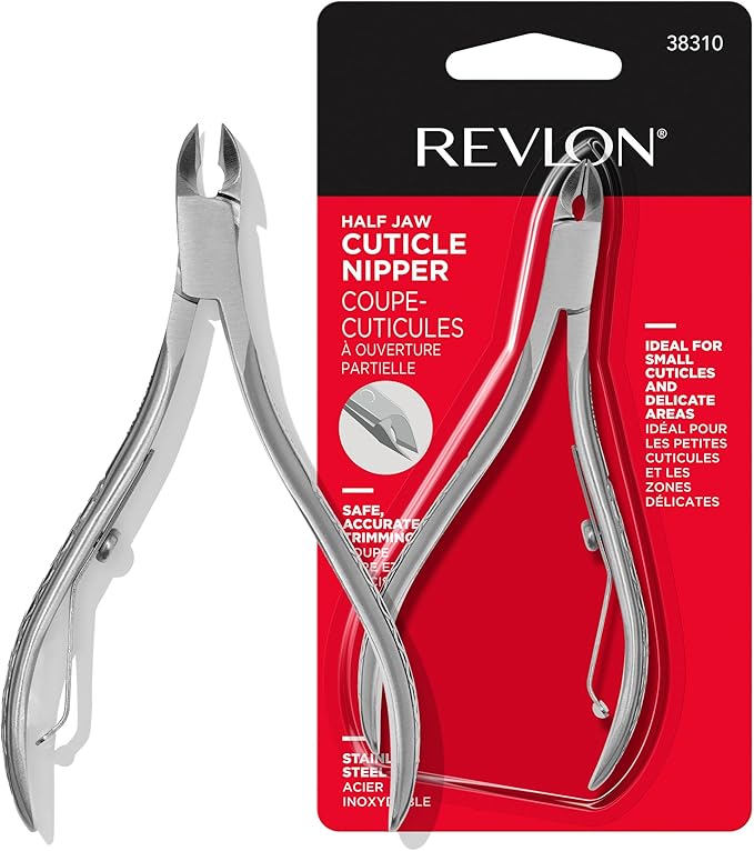Revlon Half Jaw Cuticle Nipper, Manicure Tool for Nail Care, Hangnail Clipper, For More Precise Trims, Non-Slip Grip, Stainless Steel, 1 Count
