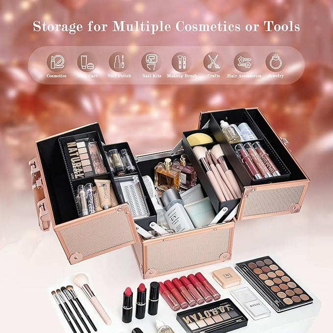 FRENESSA Makeup Train Case Makeup Case Travel Cosmetic Box Organizer Portable Make Up Box with Dividers Lockable for Artist Nail Sewing Vanity Storage Makeup Travel Case Rose Gold