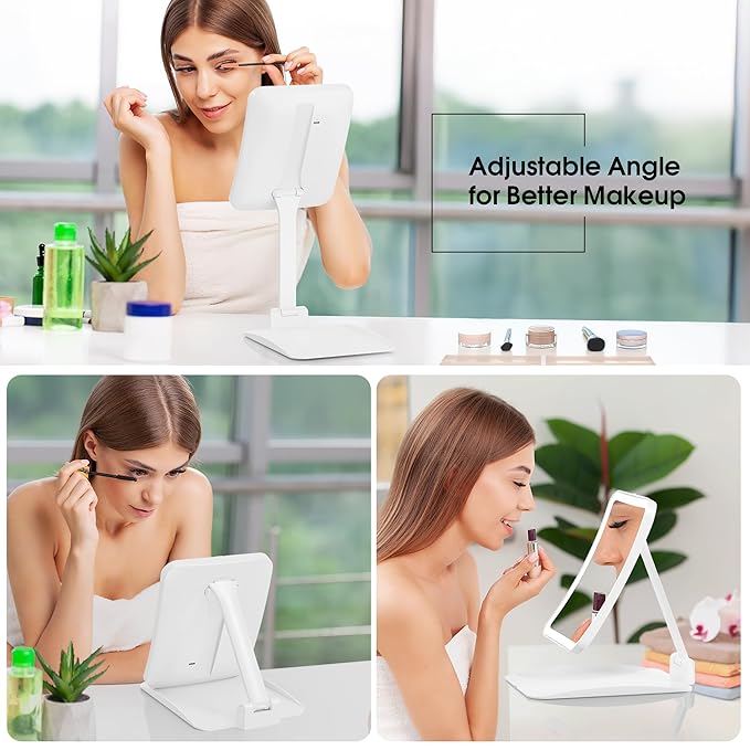 Travel Makeup Mirror with Lights and Magnification 10X, Upgraded Triple-Fold Portable Magnifying Mirror, Adjustable Height/Angle Desk Mirrors with 3-Color Dimmable LED Vanity Mirror, White