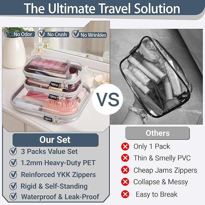 YQBRAO 3-Pack Clear Hard Shell Zipper Case - Grey Edition, 1.2mm Heavy-Duty Crush-Proof Travel Makeup Bag, TSA Approved Clear Zipper Pouches, Rigid Diaper Bag Organizer for Tech & Daily Essentials