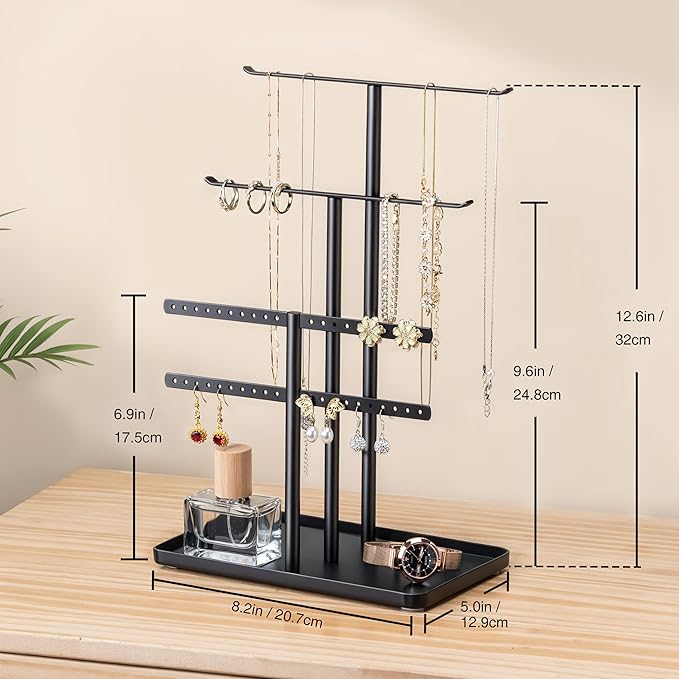 pickpiff Jewelry Stand Organizer, 12.5" Tall Sturdy Metal, 3-Tier Jewelry Holder for Necklace, Earring, Bracelet, Ring, Hanger for Display and Storage, Aesthetic Room Decor, Black