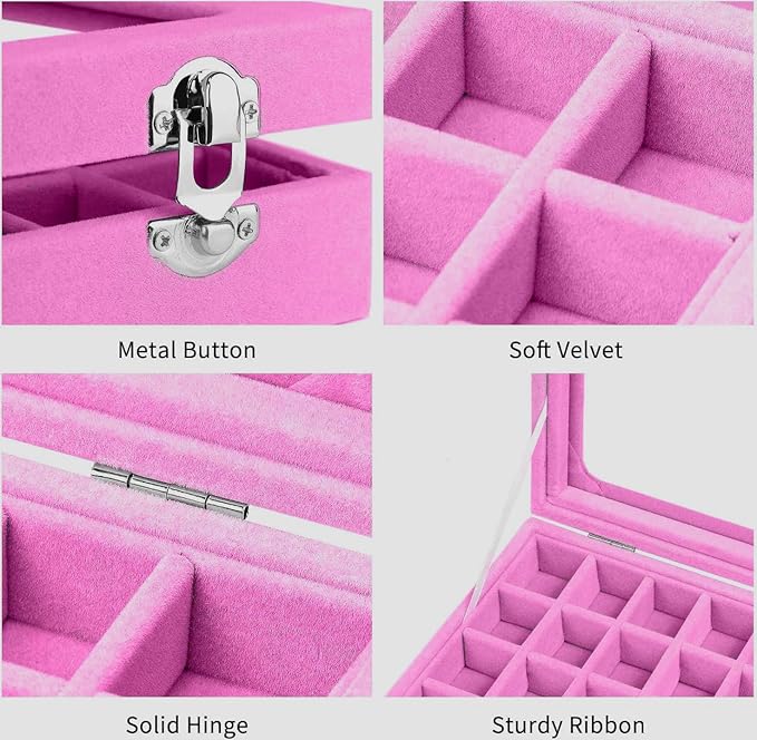 Velvet Jewelry Box 24 Grid Jewelry Earrings Display Organiser Box Ring Tray Holder Earrings Storage Case for Girls Wife Mom Women (Light Pink)
