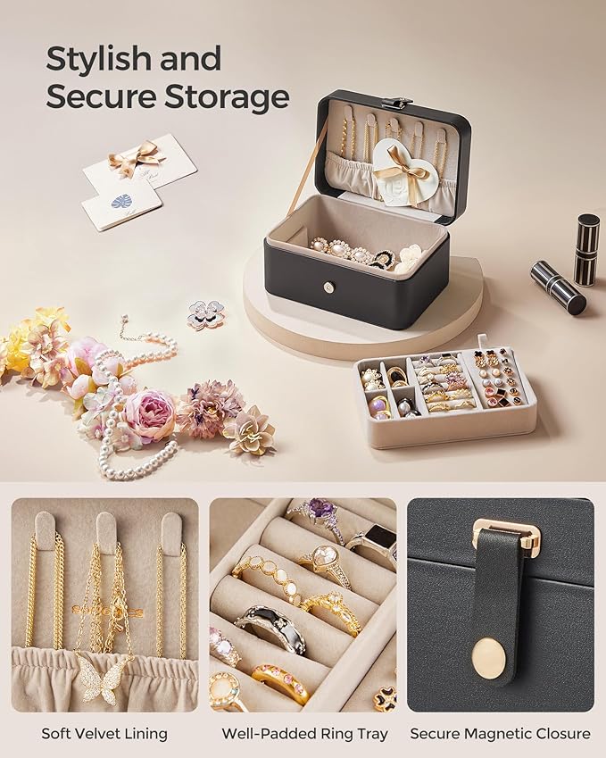 SONGMICS Jewelry Organizer Box, Travel Jewelry Case, 2-Layer Travel Case for Earrings, Necklaces, Bracelets - Portable Jewelry Storage with Large Capacity, Gift Idea, Ink Black UJBC166B01