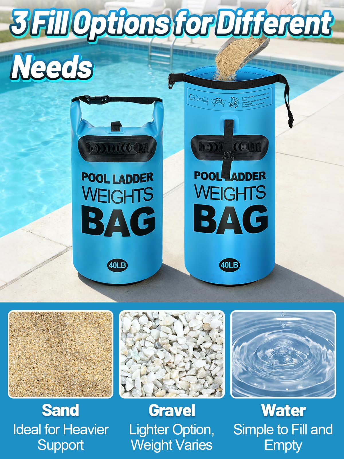 Heavy Duty Pool Ladder Weights - 40lbs Fillable Universal Sand Bags Step Anchors, 500D PVC Waterproof Tear-Resistance Foldable Sandbags for Above Ground Swimming Pools Stair Entry Systems, 2 Pack