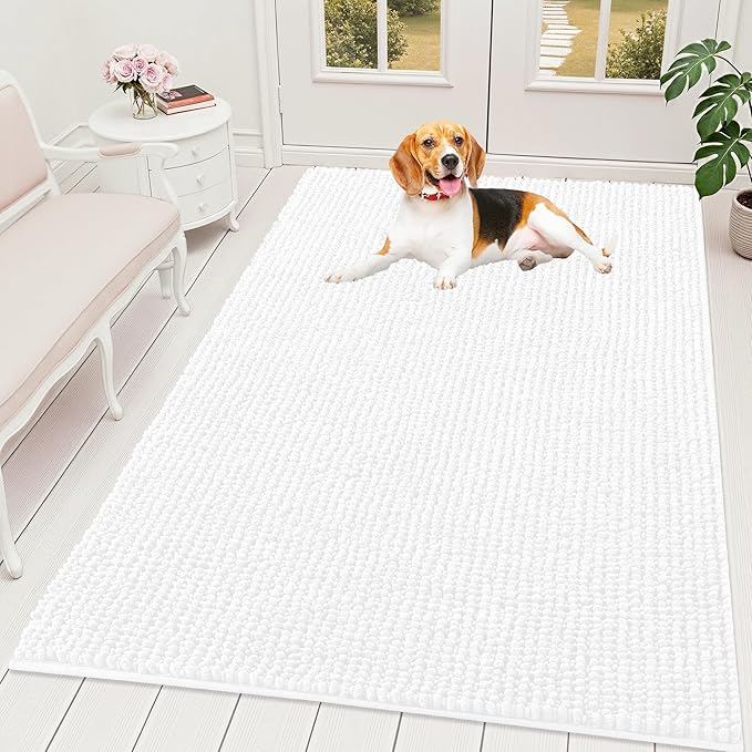 OLANLY Dog Door Mat for Muddy Paws 59x35, Ultra Absorbent Chenille Mud Doormat, Non-Slip Washable and Dirt Trapping Doormat for Indoor Entryway, Quick-Dry Indoor Pet Bed Mats for Dogs, White