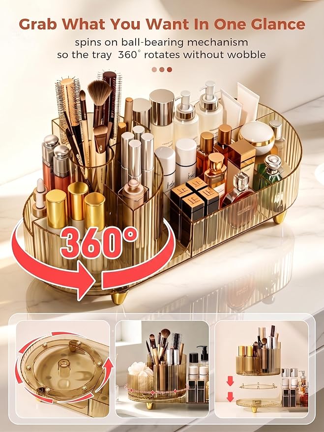 Booklov Rotating Makeup Organizer for Vanity, Large Capacity Cosmetic Display Case, Clear Acrylic Countertop Beauty Storage Holder for Skincare, Brush Eyeshadow Lipstick, Counter Desk, Crystal Amber