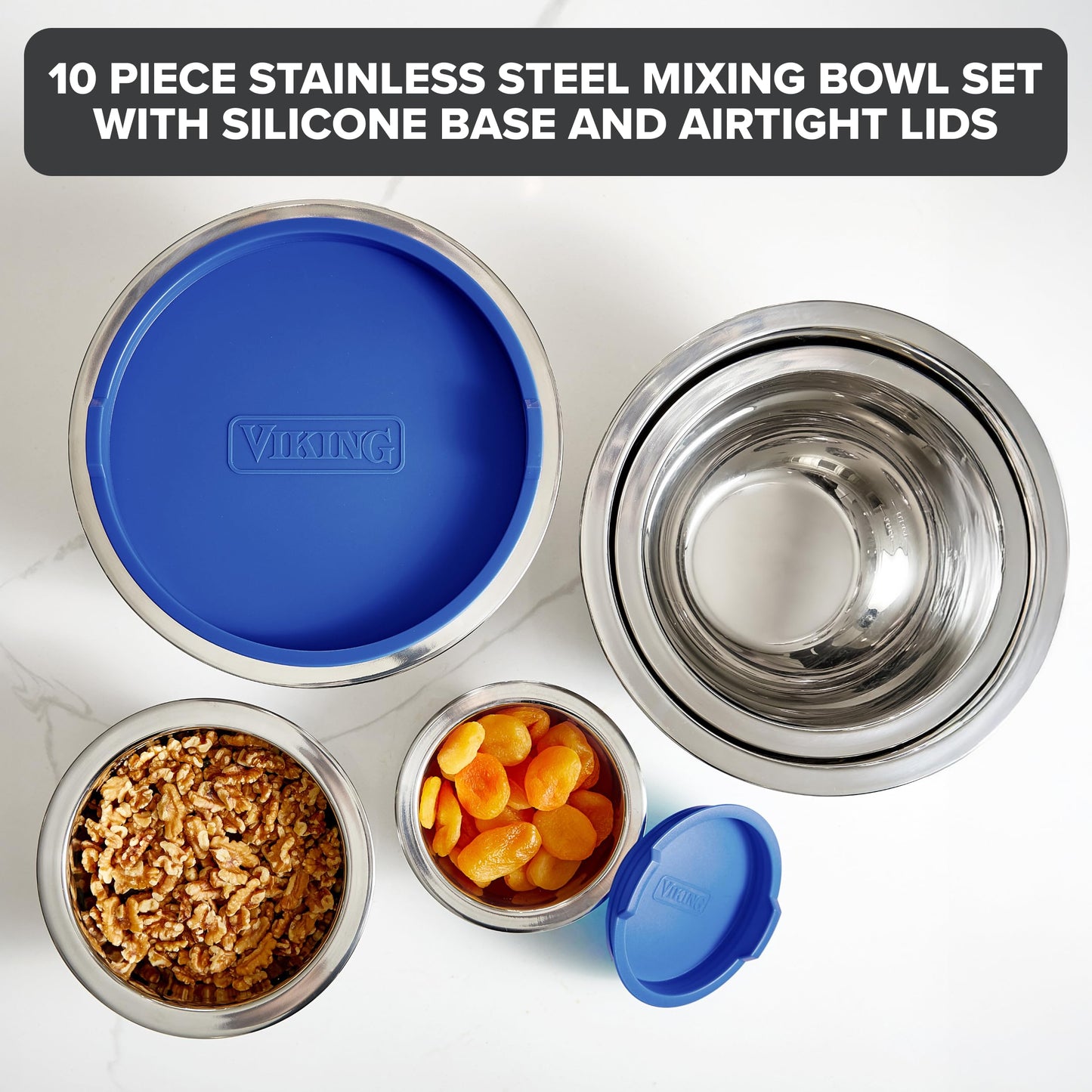 Viking Mixing Bowls Set, 10 Piece Stainless Steel Kitchen Cookware, Non-Slip Silicone Base, Includes Tight Fit Lids, Dishwasher Safe, Teal