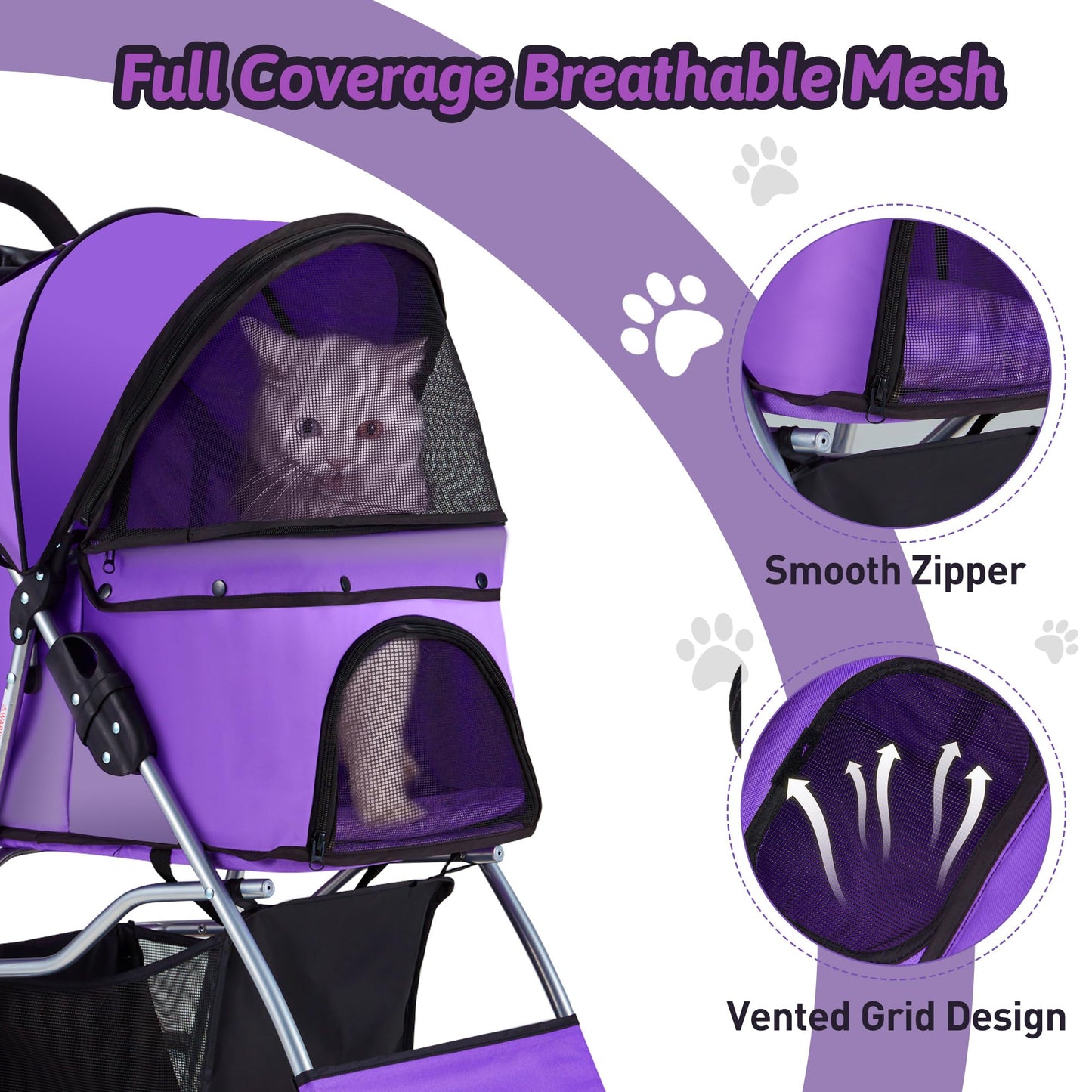 Azaeahom Pet Stroller, 4 Wheels Pet Strolling Cart for Medium/Small Dogs and Cats, Foldable Cat Jogger/Dog Stroller with Cup Holder, Storage Basket, Breathable Mesh, All-Season Pet Carrier, Purple