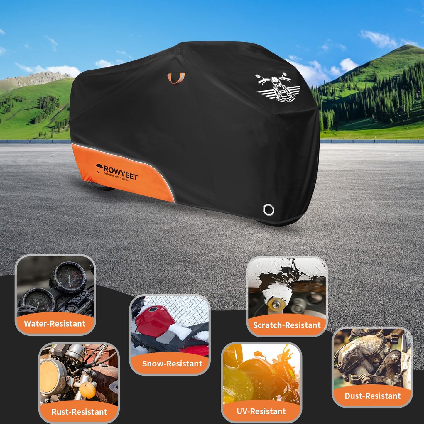 ROWYEET Motorcycle Cover Waterproof Outdoor Storage with Lock-Holes, Zipper Storage Bag & Night Reflective Design, All Season Protection Powersports Vehicle Covers Fits up to 104" Motorcycles