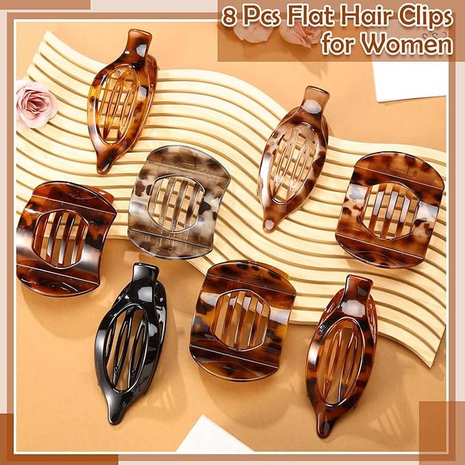 8 Pcs Flat Hair Clips for Women, 2 Styles French Flat Claw Clips for Women, Large Strong Hold Hair Claw Clips For Thick Thin Hair(Tortoiseshell)