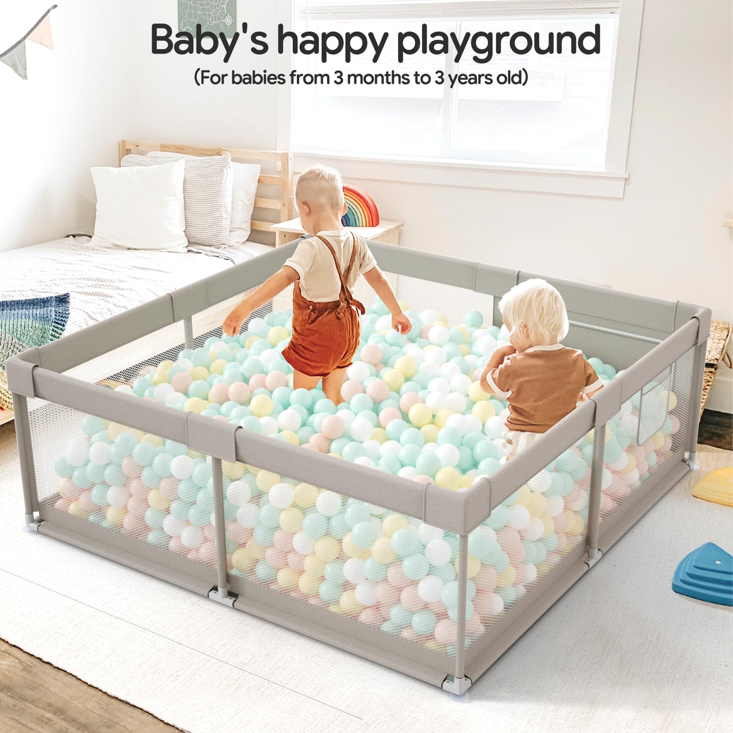Fodoss Baby Playpen with Mat, 59x59in Playpen for Babies and Toddlers, Kids Play Pen, Extra Large Baby Fence for Infants with Playmates, Toddler Playard